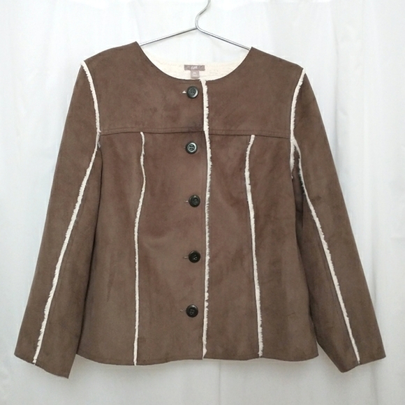 J. Jill Faux Suede Shearling Lined Penny Lane Dk Taupe Button Up Jacket - Picture 2 of 9